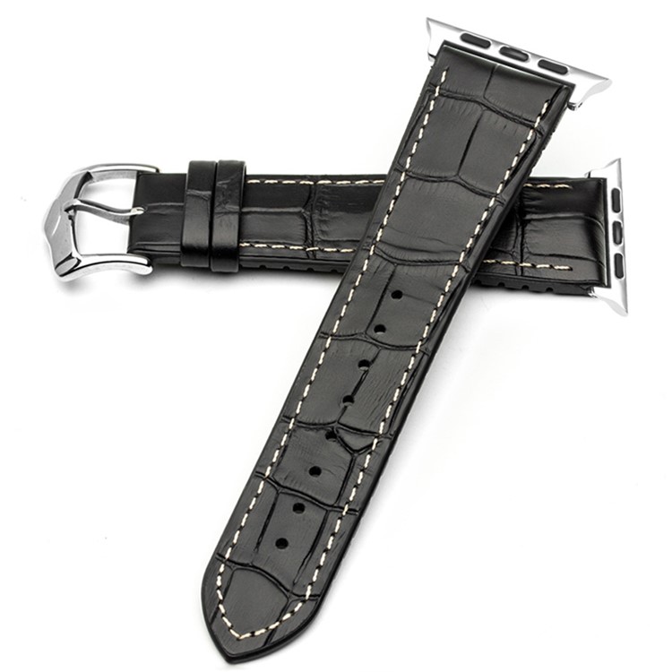 QIALINO Top-layer Cowhide Leather Wristwatch Band Replacement for Apple Watch Series 4 44mm/3/2/1 42mm - Black / White-1