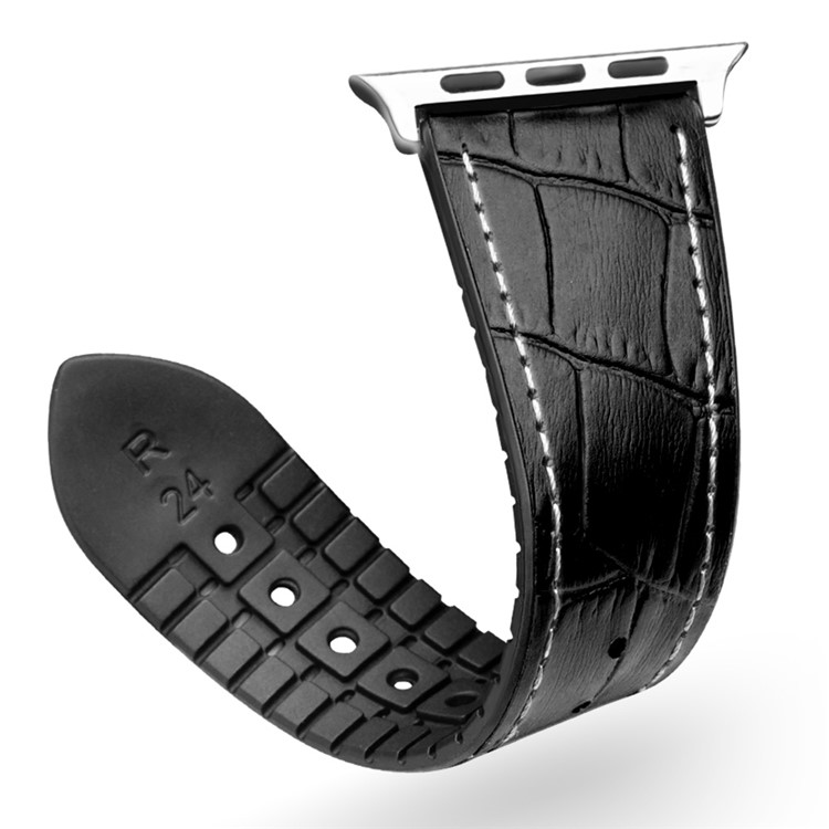 QIALINO Top-layer Cowhide Leather Wristwatch Band Replacement for Apple Watch Series 4 44mm/3/2/1 42mm - Black / White-2