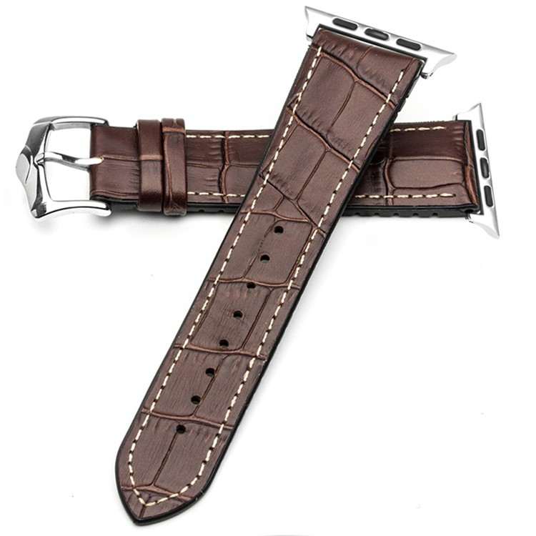 QIALINO Top-layer Cowhide Leather Replacement Watch Strap for Apple Watch Series 4 44mm/3/2/1 42mm - Brown / White-1