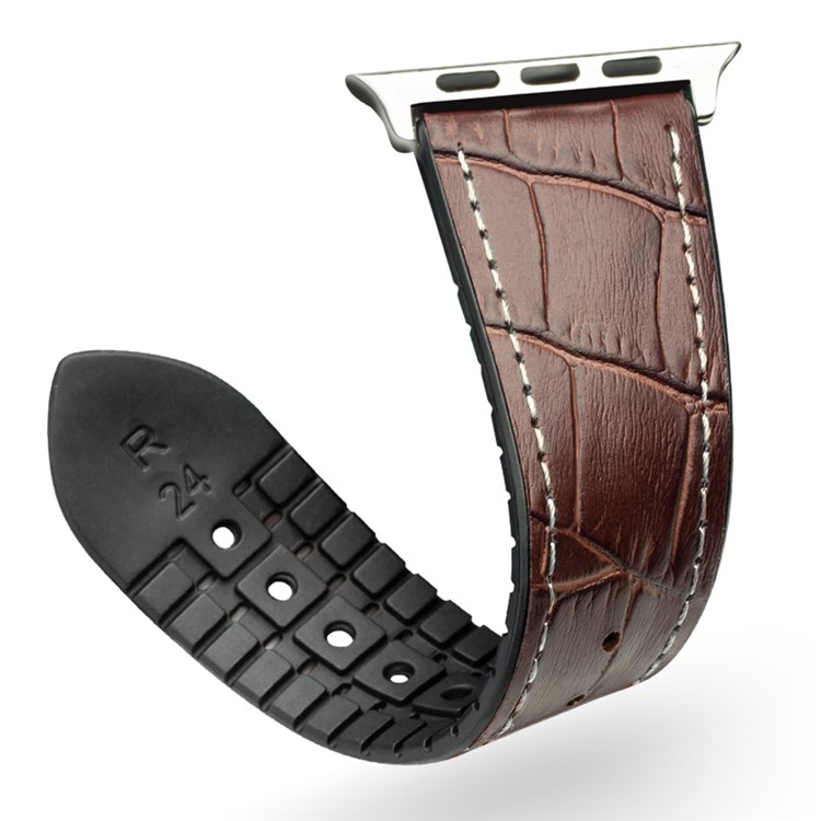 QIALINO Top-layer Cowhide Leather Replacement Watch Strap for Apple Watch Series 4 44mm/3/2/1 42mm - Brown / White-2