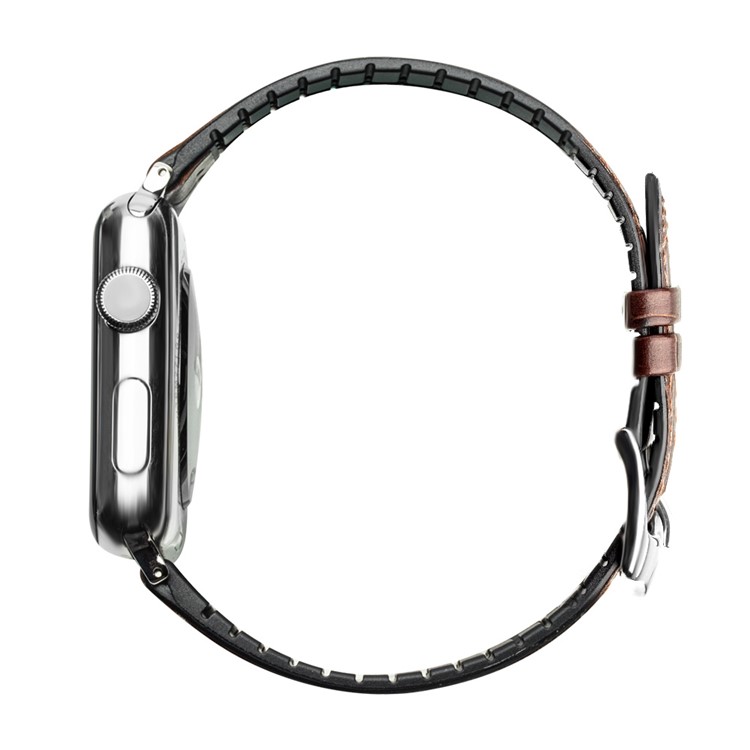 QIALINO Top-layer Cowhide Leather Replacement Watch Strap for Apple Watch Series 4 44mm/3/2/1 42mm - Brown / White-3