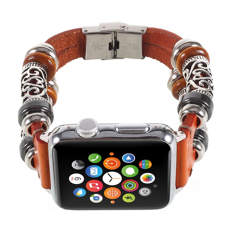 Retro-Muster Aus Echtem Leder Ersatz Armband Für Apple Watch-Serie 3/2/1 42mm - Braun-2