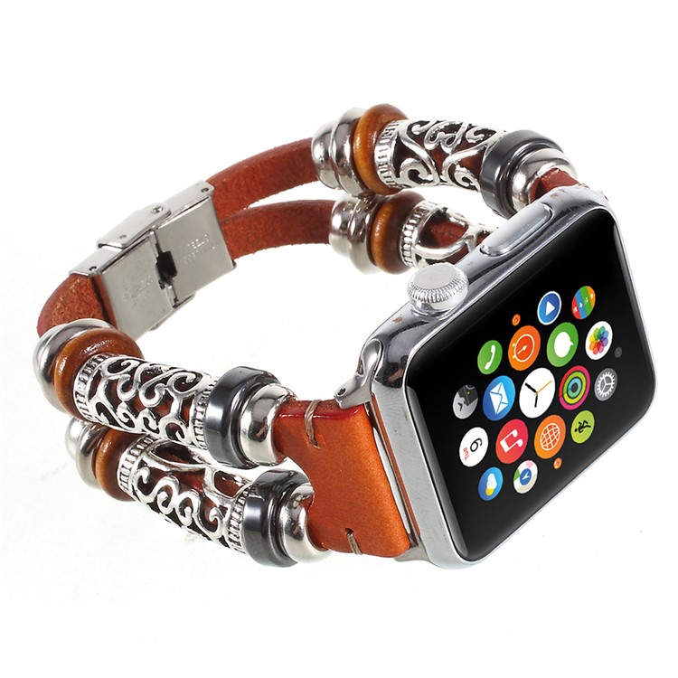 Retro-Muster Aus Echtem Leder Ersatz Armband Für Apple Watch-Serie 3/2/1 42mm - Braun-4