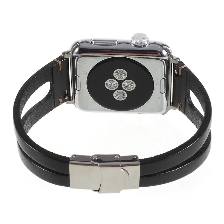 Cowhide Leather Retro Style Watch Band Replacement for Apple Watch Series 8 45mm / Ultra 49mm / Ultra 2 49mm / Series 9 45mm / SE (2023) 44mm / 7 45mm / Series 6 / SE / SE (2022) /  5 4 44mm, Series 3 / 2 / 1 42mm - Black-3