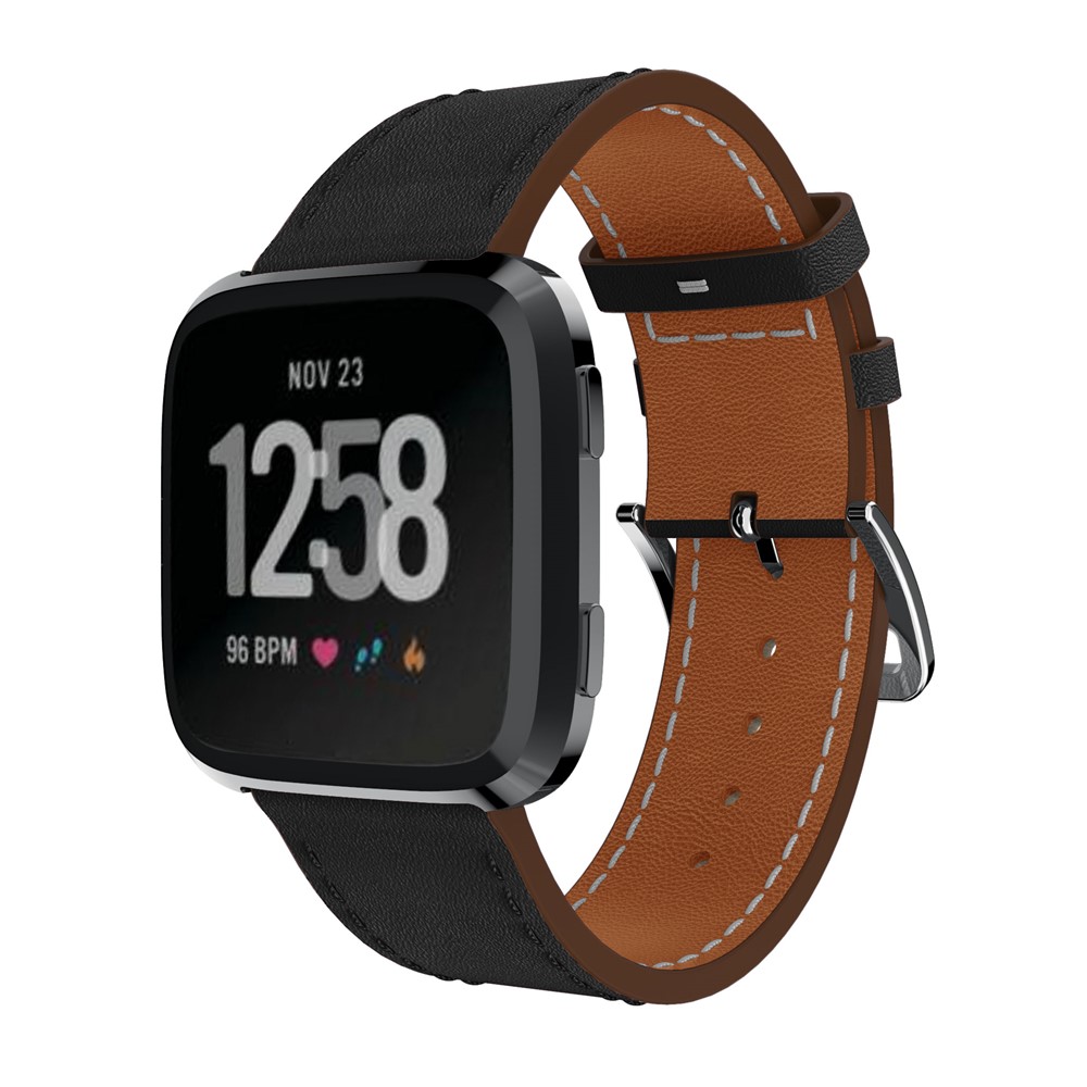 23mm Genuine Leather Watch Band for Fitbit Versa - Black-2