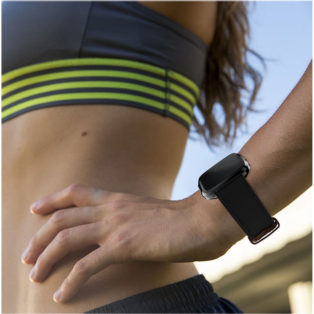 23mm Genuine Leather Watch Band for Fitbit Versa - Black-4