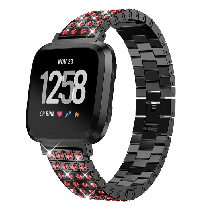 

For Fitbit Versa Bling Rhinestone Stainless Steel Watch Band 18mm with Connectors - Black / Red