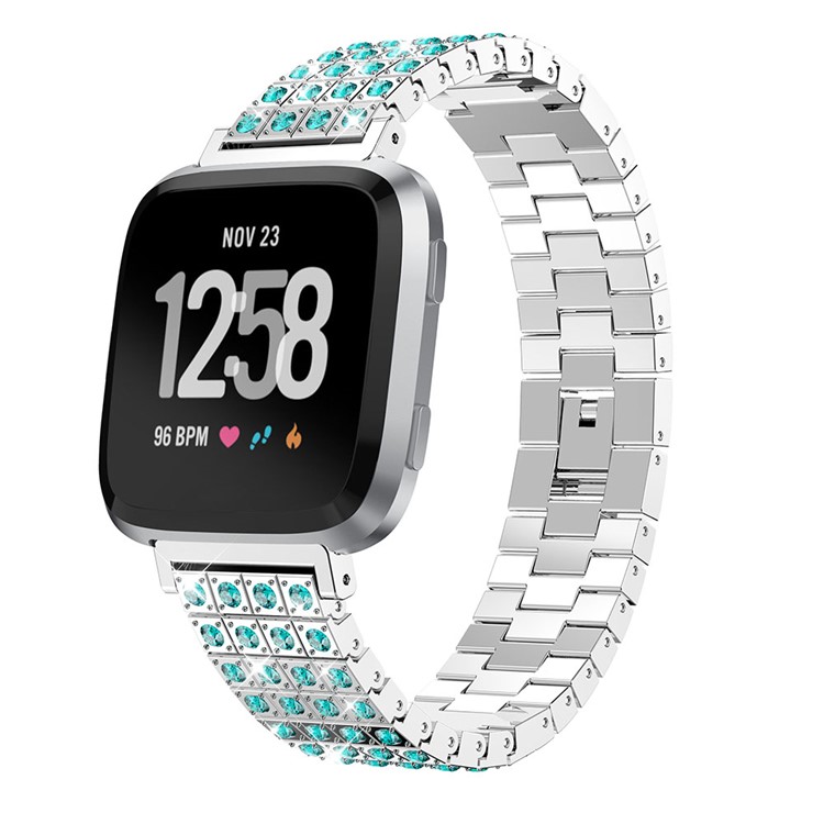 

For Fitbit Versa Bling Rhinestone Stainless Steel Watch Strap 18mm with Connectors - Silver / Blue