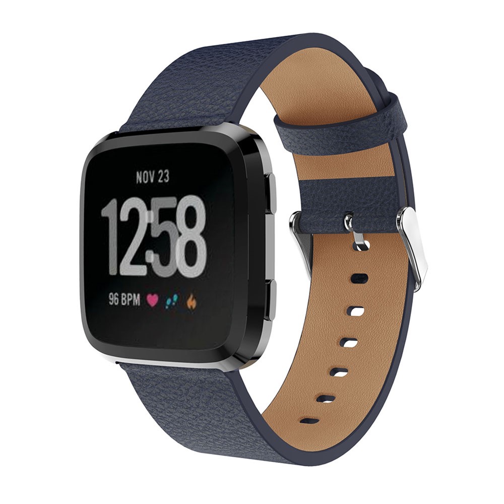 Litchi Texture Genuine Leather Adjustable Watch Band Strap, Length: 115 + 85mm for Fitbit Versa - Dark Blue-2