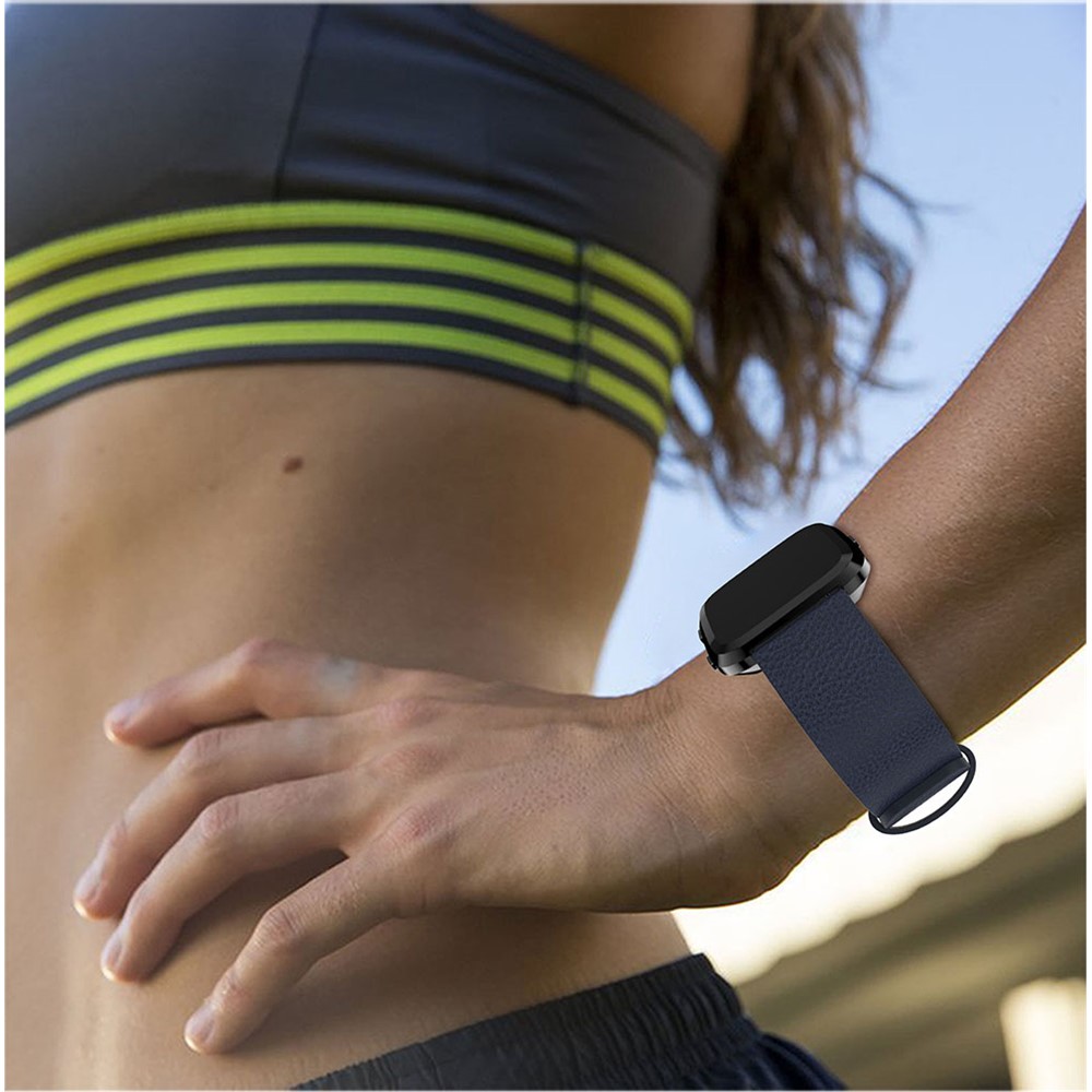 Litchi Texture Genuine Leather Adjustable Watch Band Strap, Length: 115 + 85mm for Fitbit Versa - Dark Blue-5