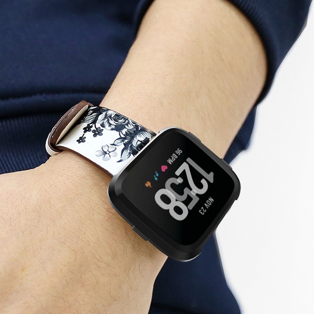 Peony Pattern Genuine Leather Watch Wrist Band, Length: 122 + 83mm for Fitbit Versa - White Background White Peony-5