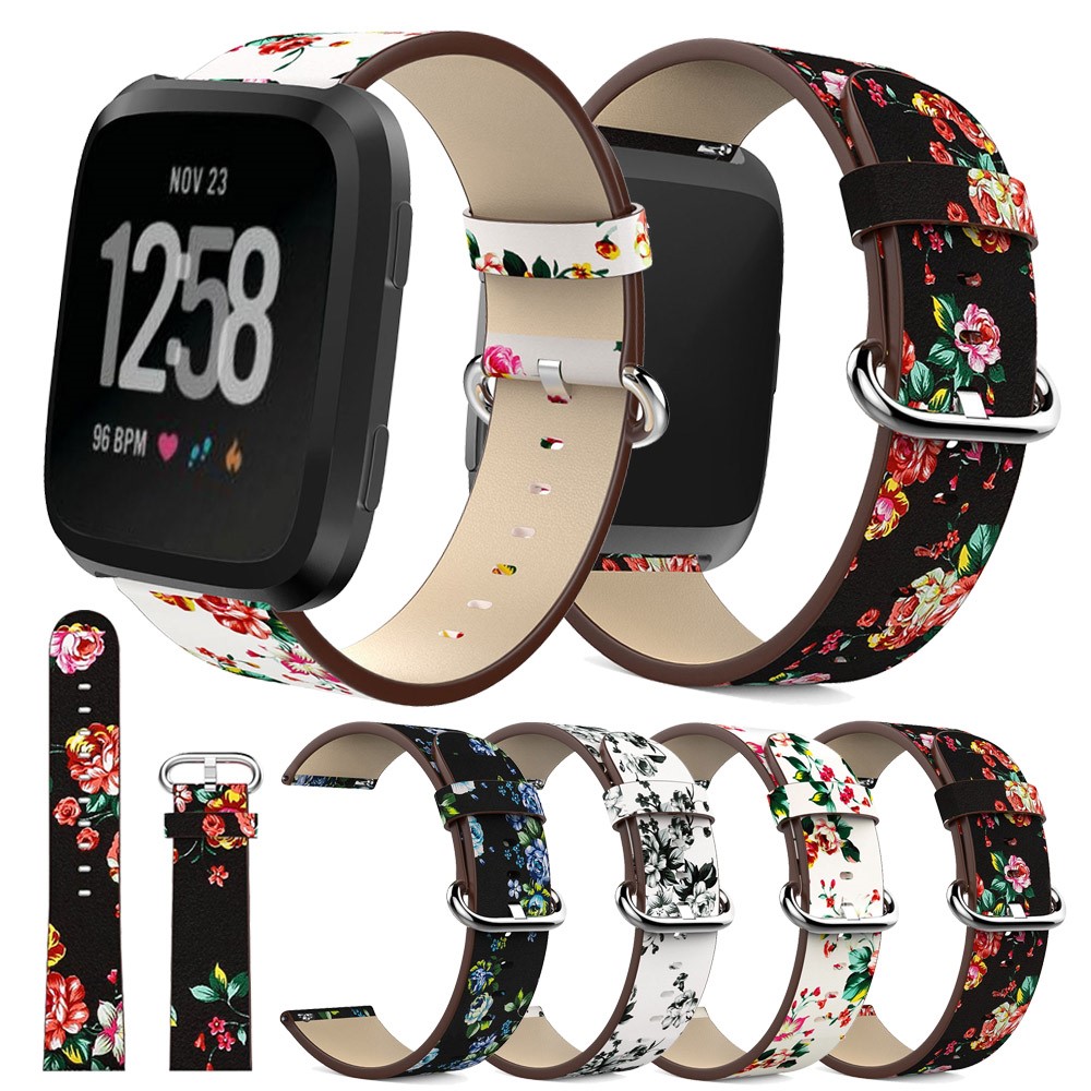 Peony Pattern Genuine Leather Watch Wrist Band, Length: 122 + 83mm for Fitbit Versa - White Background White Peony-6
