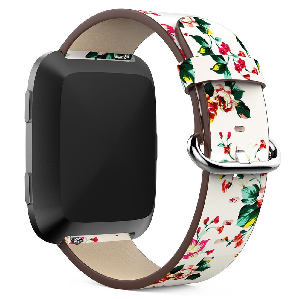Peony Pattern Genuine Leather Adjustable Watch Strap, Length: 122 + 83mm for Fitbit Versa - White Background Red Peony-1