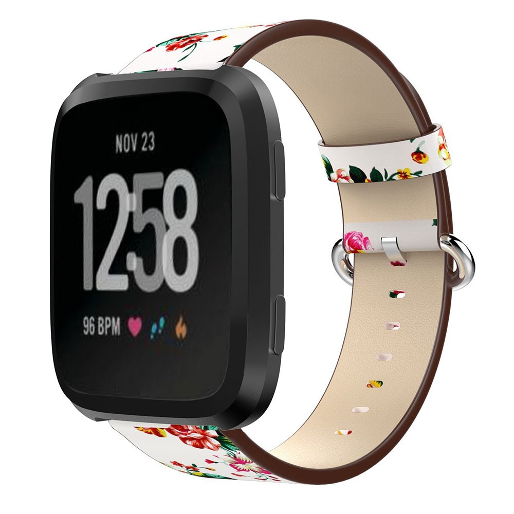 Peony Pattern Genuine Leather Adjustable Watch Strap, Length: 122 + 83mm for Fitbit Versa - White Background Red Peony-2