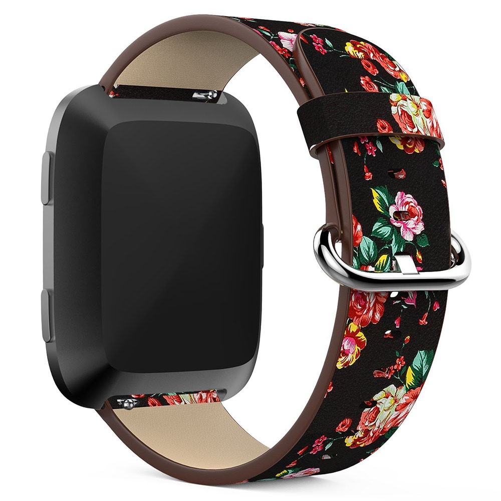 Peony Pattern Genuine Leather Adjustable Watch Wrist Band Replacement, Length: 122 + 83mm for Fitbit Versa - Black Background Red Peony-1