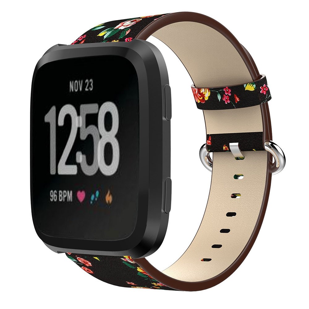 Peony Pattern Genuine Leather Adjustable Watch Wrist Band Replacement, Length: 122 + 83mm for Fitbit Versa - Black Background Red Peony-2
