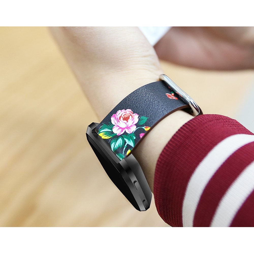 Peony Pattern Genuine Leather Adjustable Watch Wrist Band Replacement, Length: 122 + 83mm for Fitbit Versa - Black Background Red Peony-5