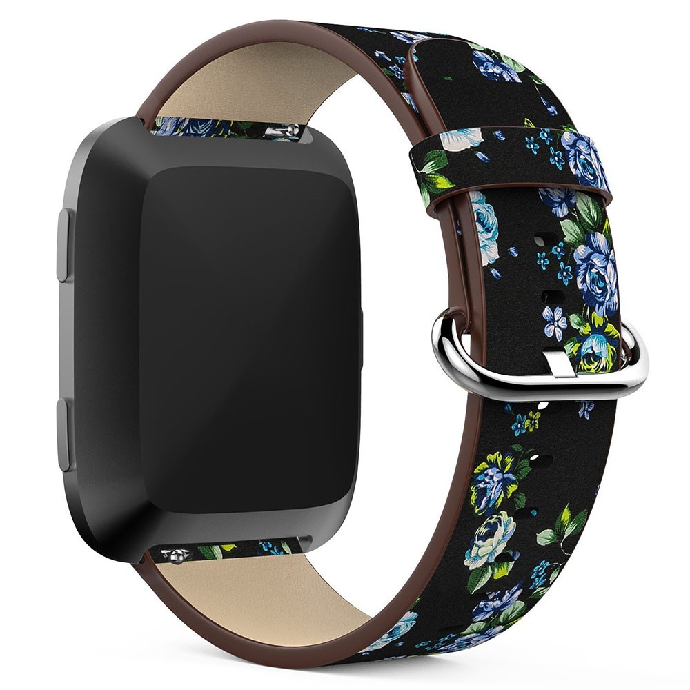 Pieza De Recambio De Correa De Reloj De Cuero Genuino Ajustable De Patrón De Peonía, Longitud: 122 + 83 Mm Para Verso Fitbit - Fondo Negro Peonía Azul-1