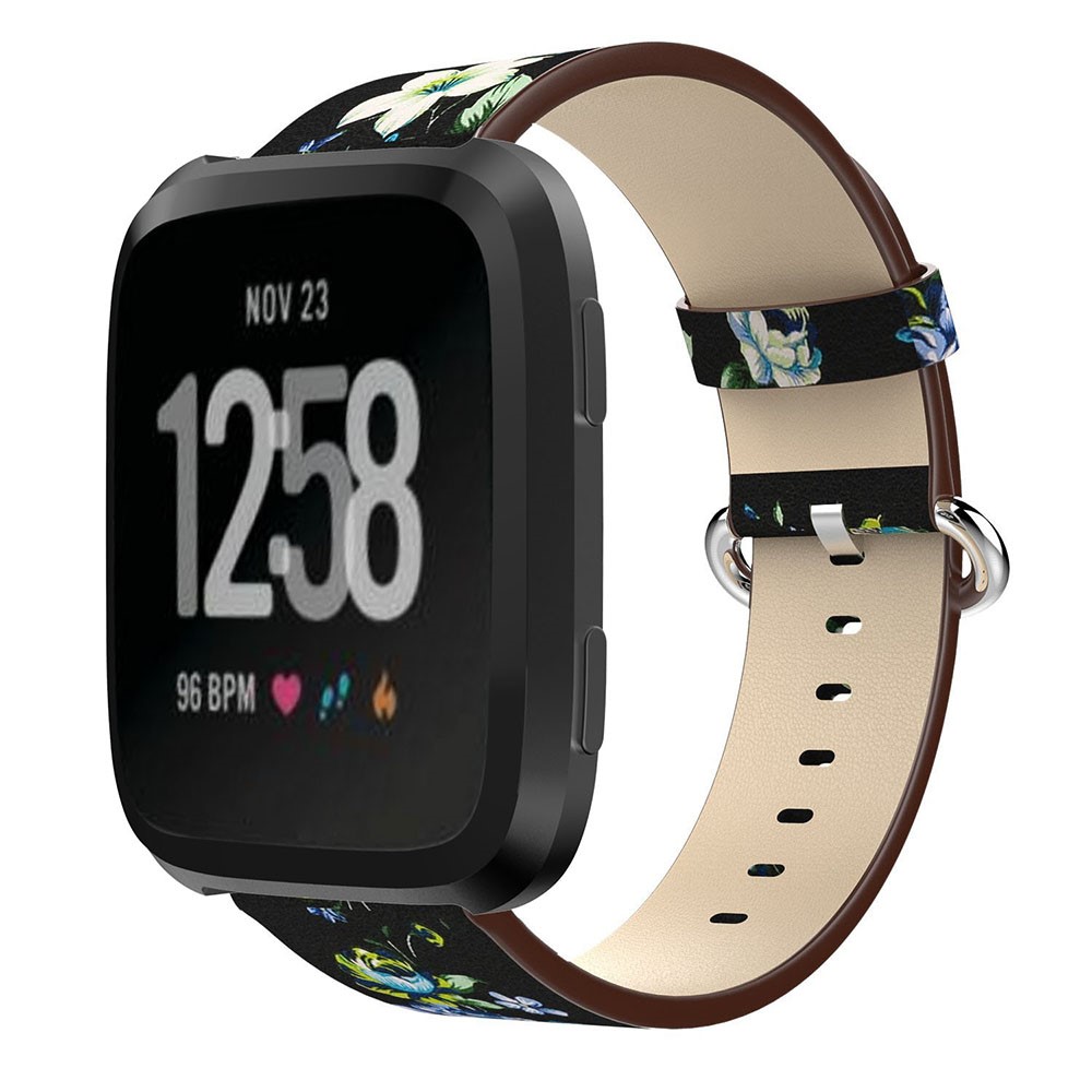 Pieza De Recambio De Correa De Reloj De Cuero Genuino Ajustable De Patrón De Peonía, Longitud: 122 + 83 Mm Para Verso Fitbit - Fondo Negro Peonía Azul-2