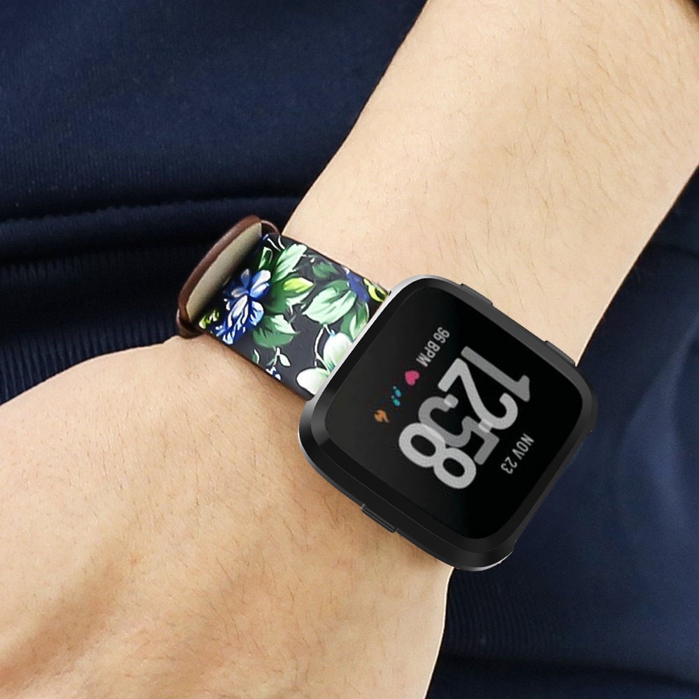 Pieza De Recambio De Correa De Reloj De Cuero Genuino Ajustable De Patrón De Peonía, Longitud: 122 + 83 Mm Para Verso Fitbit - Fondo Negro Peonía Azul-5