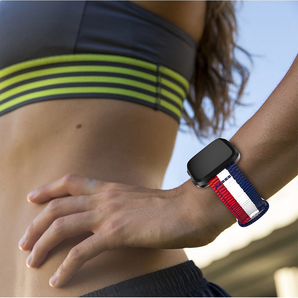 Adjustable Woven Nylon Watch Strap Replacement for Fitbit Versa - Blue / White / Red-5