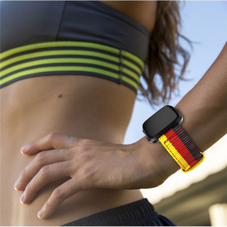 For Fitbit Versa Adjustable Woven Nylon Replacement Watch Strap - Black / Red / Yellow-5