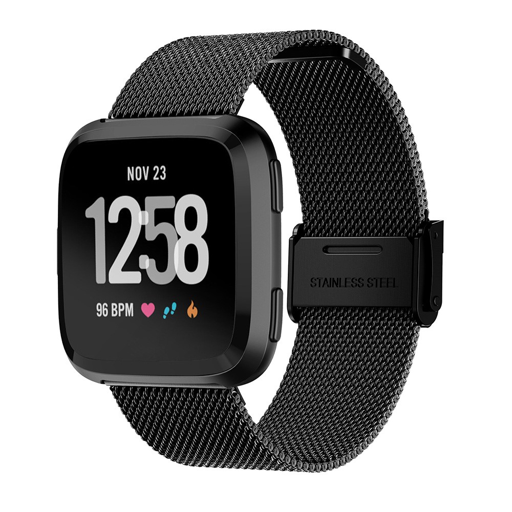 Alça De Relógio De Aço Inoxidável Malha Milanese Luxo Com Fecho De Fivela Para Fitbit Versa - Preto-1