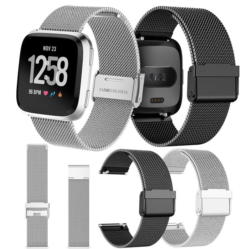 Alça De Relógio De Aço Inoxidável Malha Milanese Luxo Com Fecho De Fivela Para Fitbit Versa - Preto-6