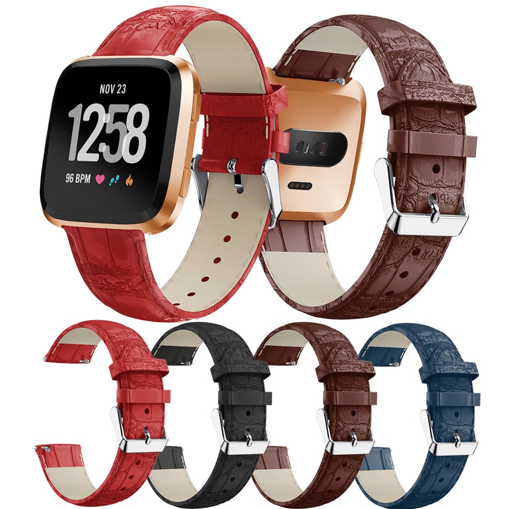 22mm Crocodile Texture Genuine Leather Watch Band for Fitbit Versa - Black-6