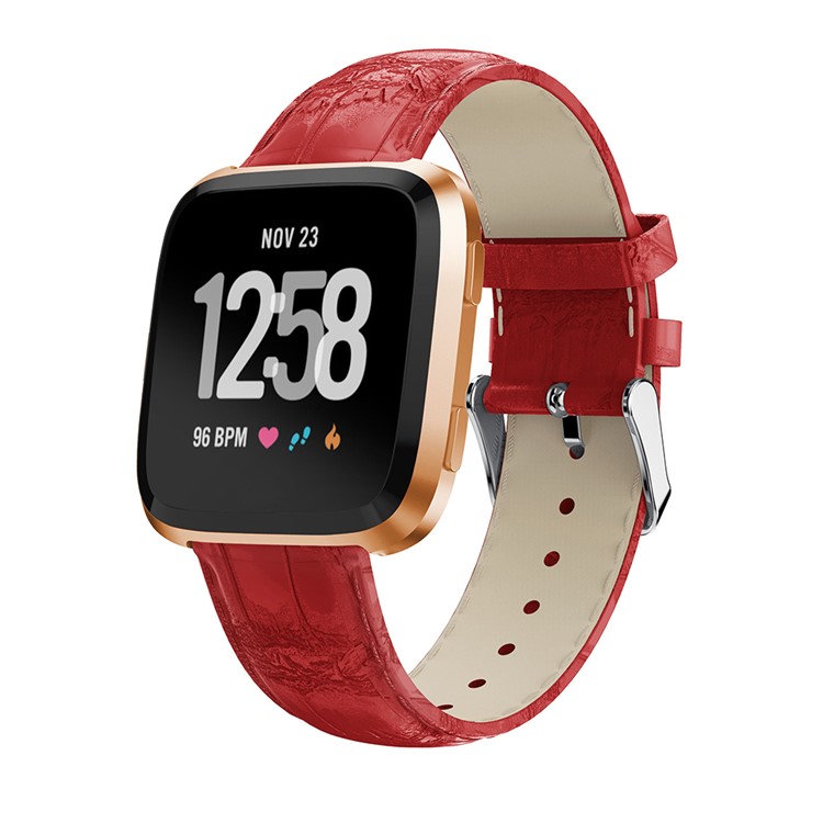 22mm Crocodile Texture Genuine Leather Watch Strap for Fitbit Versa - Red-2