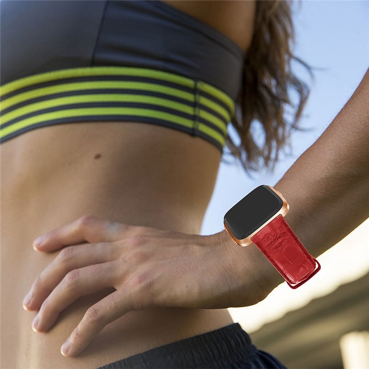 22mm Crocodile Texture Genuine Leather Watch Strap for Fitbit Versa - Red-5