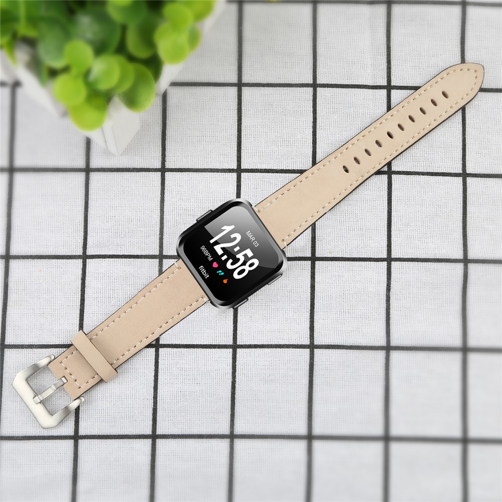 Vintage Matte Genuine Leather Watch Strap Band for Fitbit Versa - Beige-5