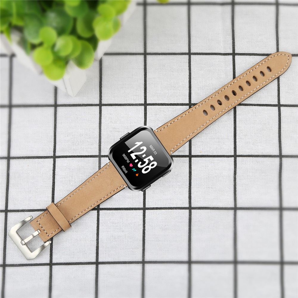 Vintage Frosted Genuine Leather Watch Band Replacement for Fitbit Versa - Khaki-5
