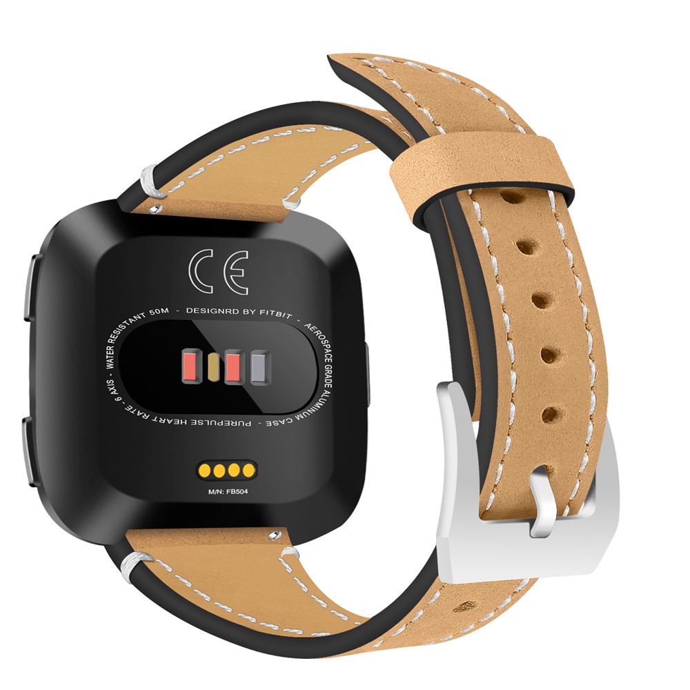 For Fitbit Versa Vintage Matte Genuine Leather Replacement Watch Strap - Orange-1