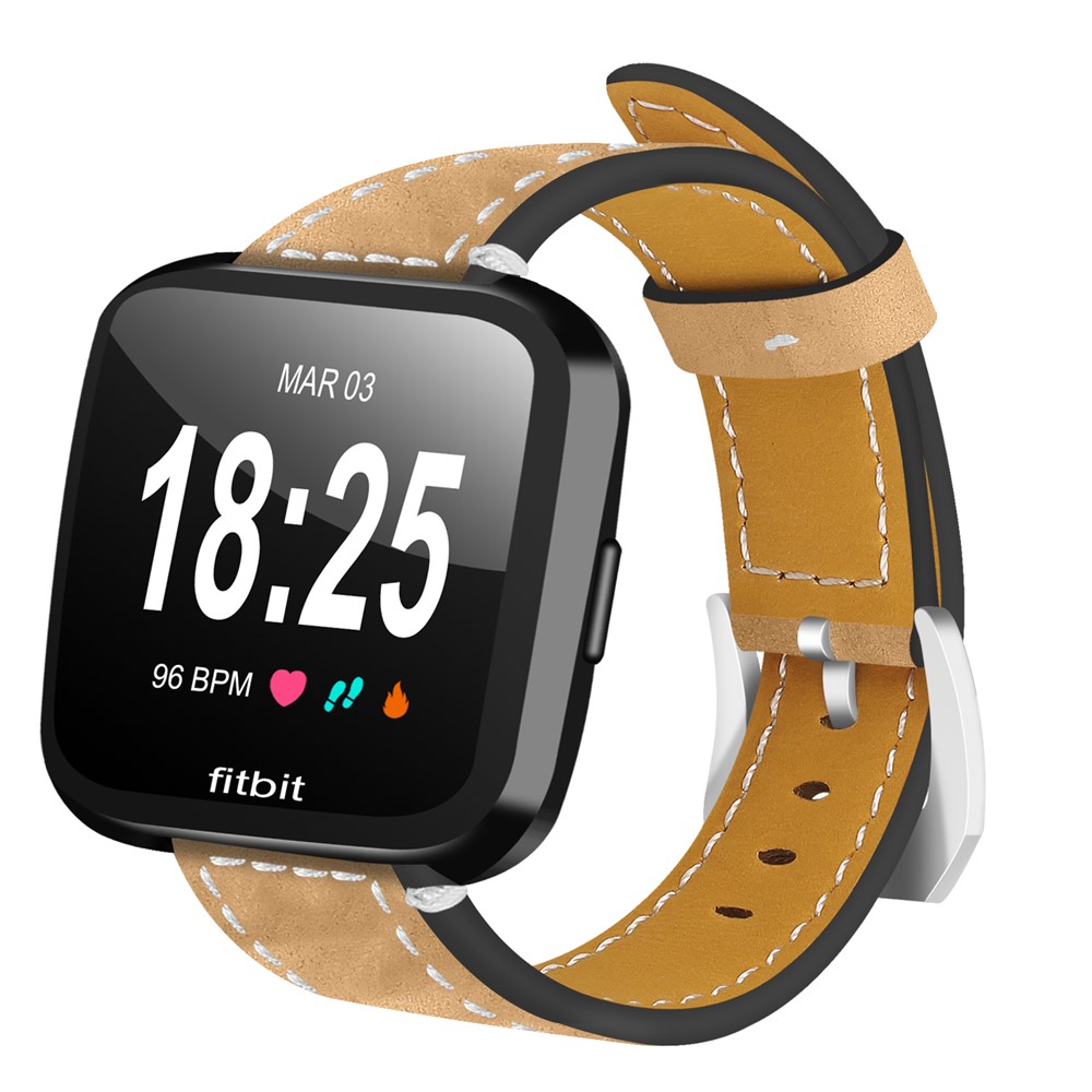 For Fitbit Versa Vintage Matte Genuine Leather Replacement Watch Strap - Orange-3
