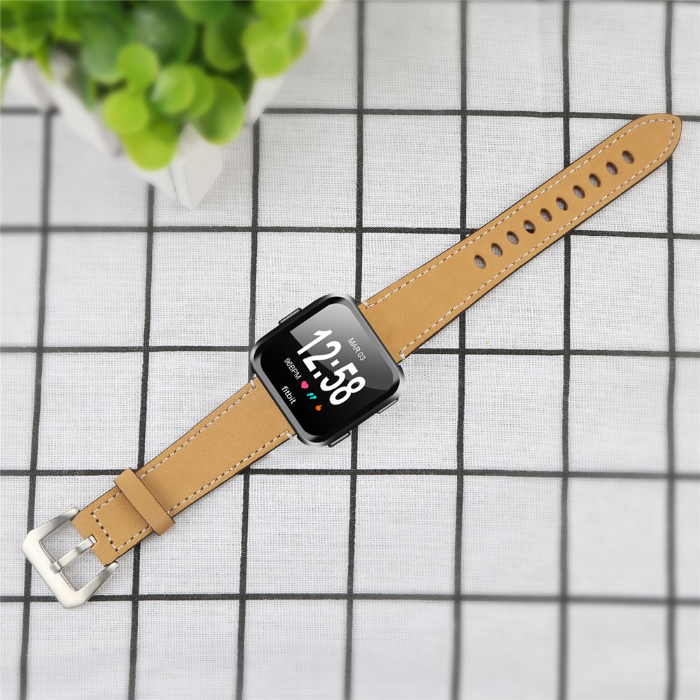 For Fitbit Versa Vintage Matte Genuine Leather Replacement Watch Strap - Orange-5