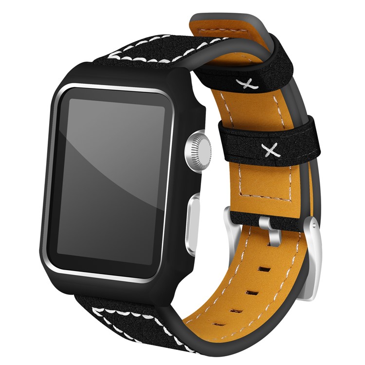 Imprint Texture Genuine Leather Watch Strap with Frame for Apple Watch Series 3/2/1 38mm - Black-2
