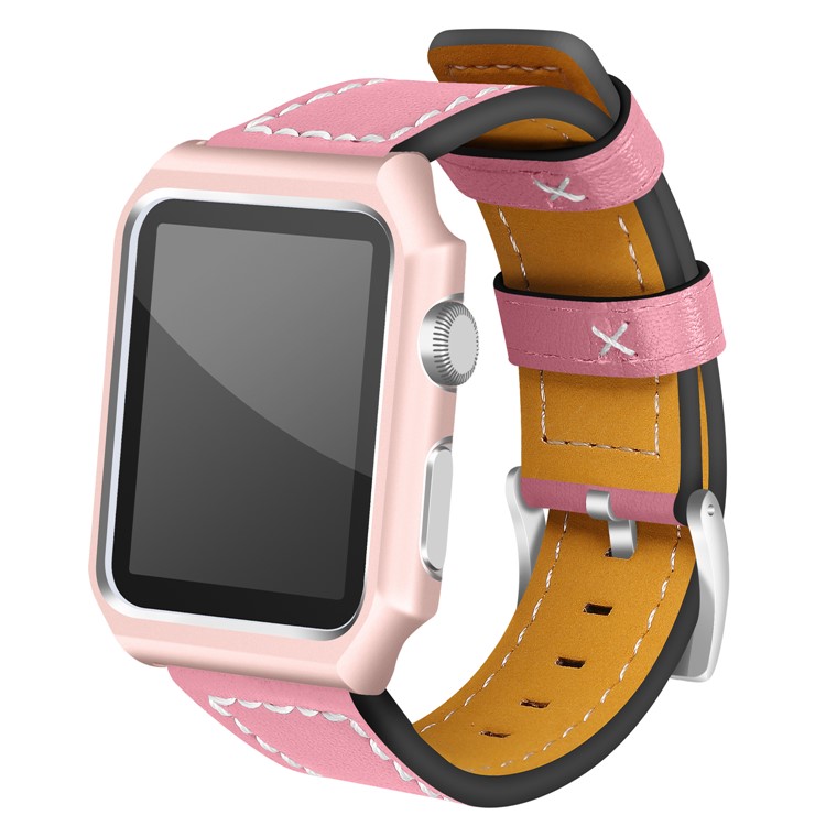 Imprint Texture Genuine Leather Watch Bracelet with Frame for Apple Watch Series 4 40mm / Series 3 2 1 38mm - Pink-2
