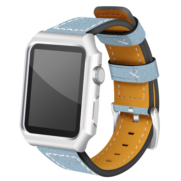 Imprint Texture Genuine Leather Watchband Replacement with Frame for Apple Watch Series 4 40mm / Series 3 2 1 38mm - Blue-2