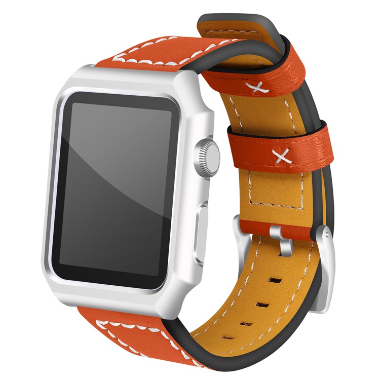 Imprint Texture Genuine Leather Wrist Watch Strap with Frame for Apple Watch Series 5 4 40mm / Series 3 2 1 38mm - Orange-2