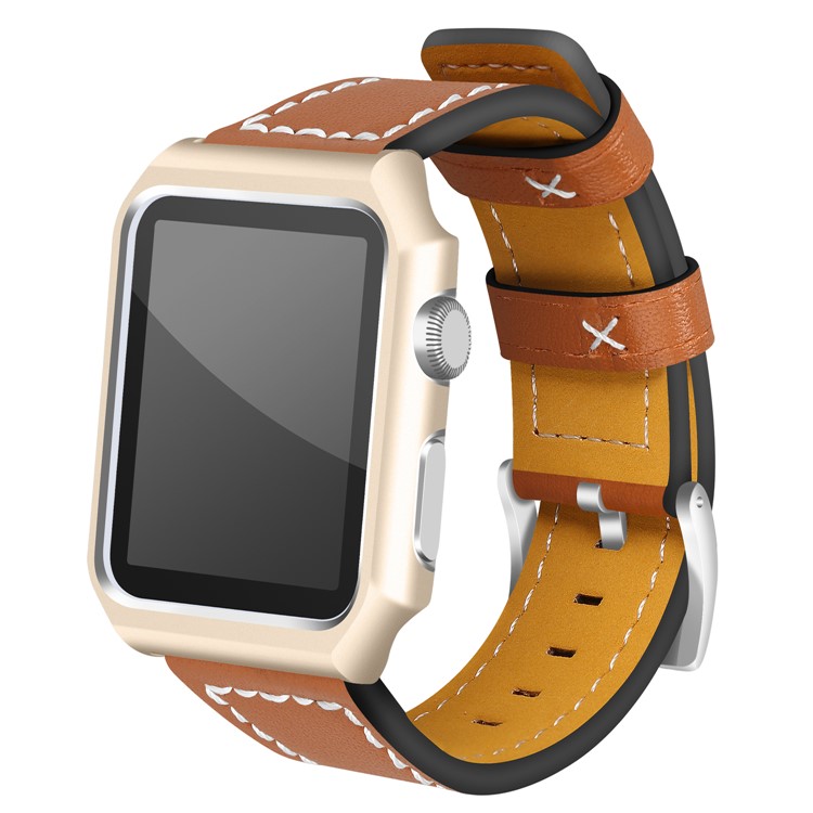 Imprint Texture Genuine Leather Wrist Watch Band with Frame for Apple Watch Series 4 40mm / Series 3 2 1 38mm - Brown-2