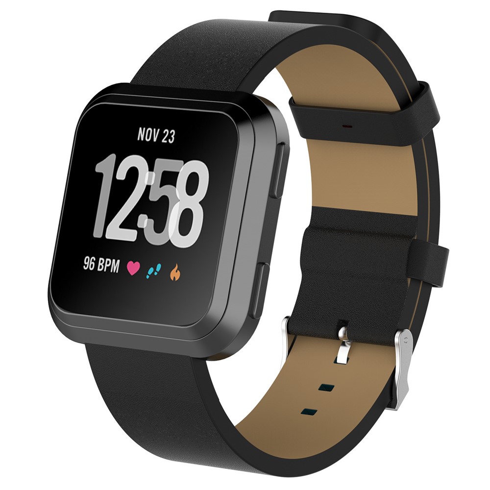 Top Layer Cowhide Leather Watch Strap Replacement for Fitbit Versa - Black-3