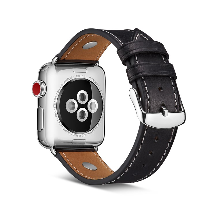 Genuine Leather Rivet Decor Watch Band for Apple Watch Series 4 44mm/3/2/1 42mm - Black-4