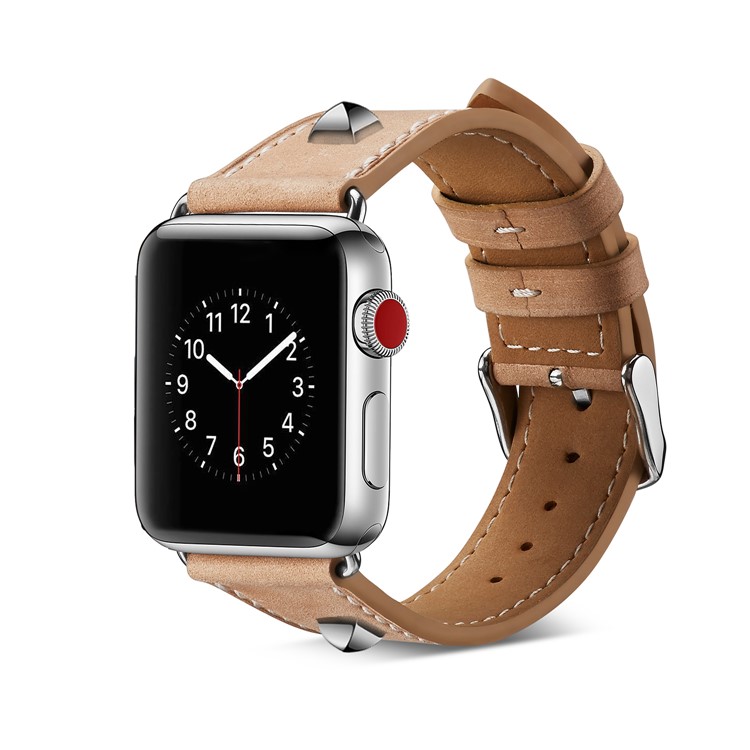 Echtes Leder Nietdekor Uhrenarmband Ersatz Für Apple Watch Serie 3/2/1 42mm - Khaki-2