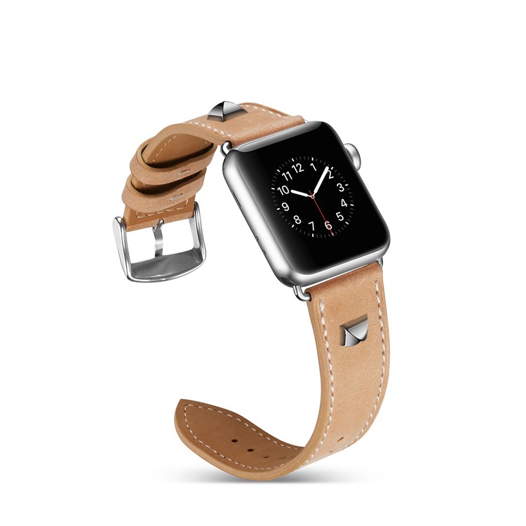 Echtes Leder Nietdekor Uhrenarmband Ersatz Für Apple Watch Serie 3/2/1 42mm - Khaki-3