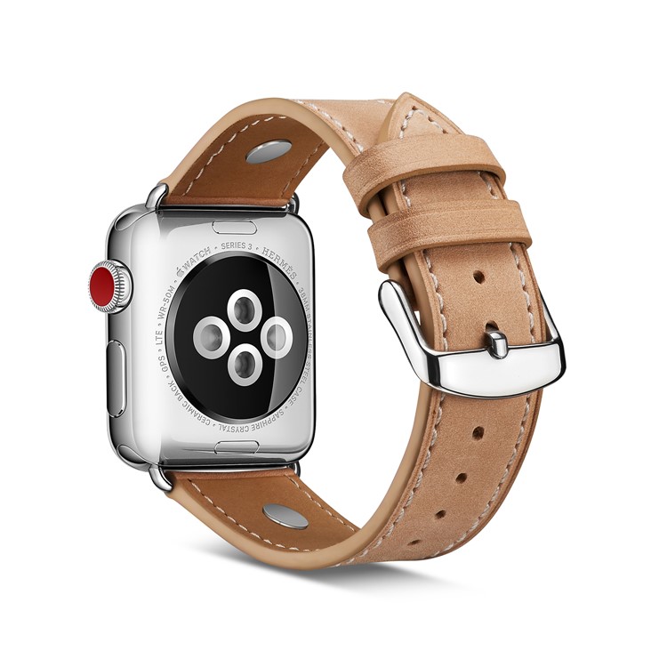 Echtes Leder Nietdekor Uhrenarmband Ersatz Für Apple Watch Serie 3/2/1 42mm - Khaki-4