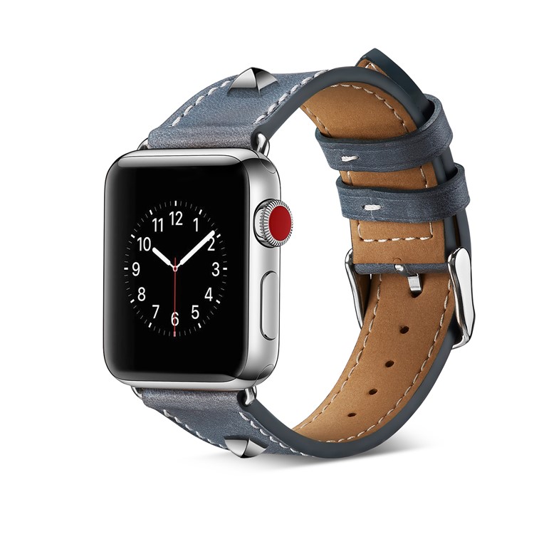 Substituição De Pulseira De Relógio De Decoração De Rebite De Couro Genuíno Para Apple Watch Series 4 44mm / 3/2 / 1 42mm - Azul-2