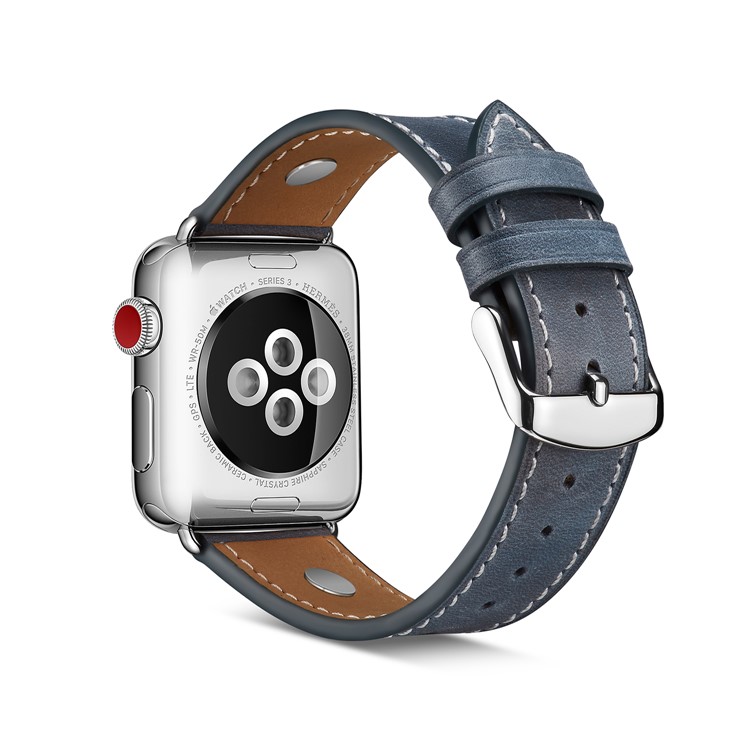 Substituição De Pulseira De Relógio De Decoração De Rebite De Couro Genuíno Para Apple Watch Series 4 44mm / 3/2 / 1 42mm - Azul-4