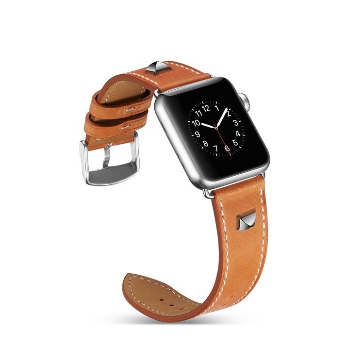 Genuine Leather Rivet Decor Wristwatch Band for Apple Watch Series 4 44mm/3/2/1 42mm - Light Brown-3