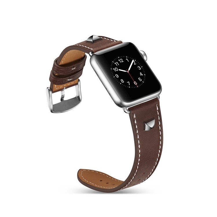 Genuine Leather Rivet Decor Wristwatch Strap for Apple Watch Series 4 44mm/3/2/1 42mm - Dark Brown-3